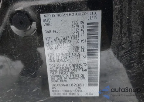 2015 Nissan Rogue Sv z USA, uszkodzony, nr VIN 5N1AT2MV4FC820811